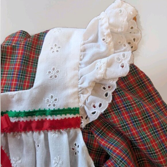 Homemade Girls 6/7 Ruffle Dress & White Eyelet Pinafore - Plaid Red & Green - Picture 6 of 16